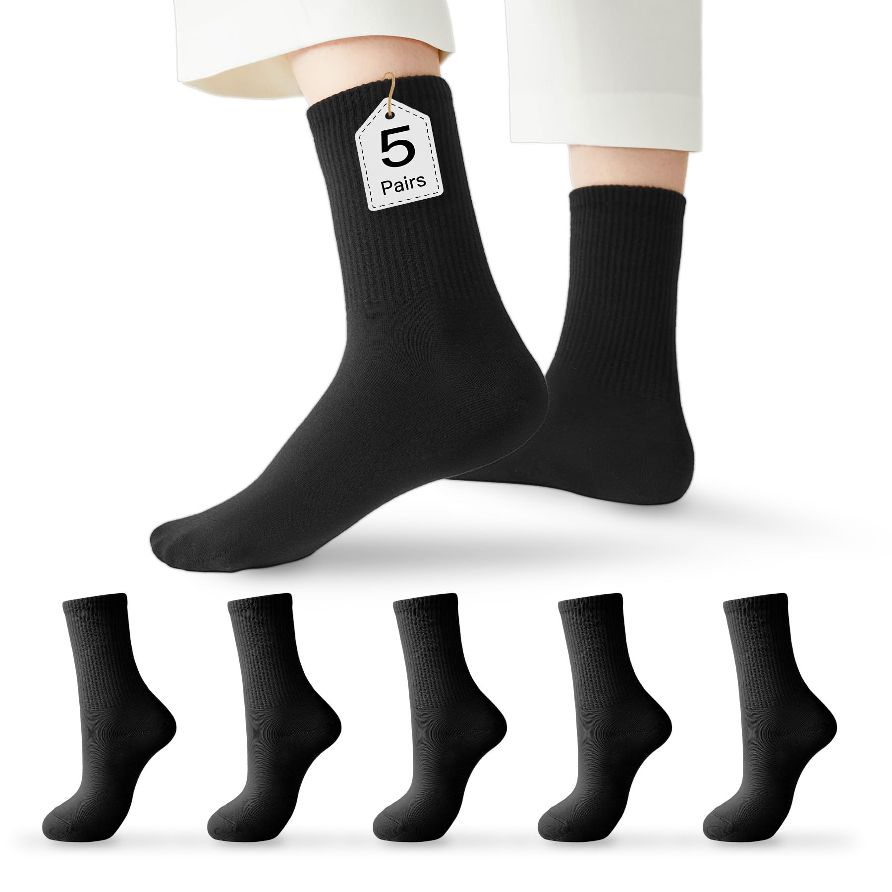 J-BOX Women Breathable Cotton Crew Socks - Cushioned Athletic Socks for Yoga, Running & Casual, 5 Pairs